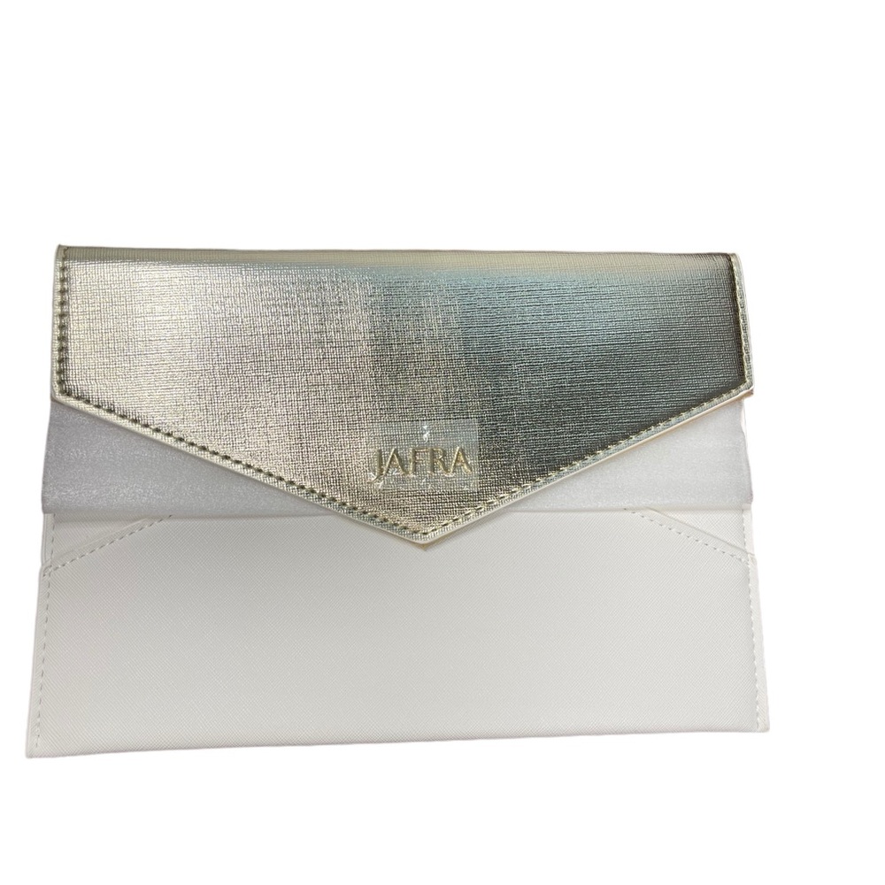 JAFRA gold and white envelope clutch